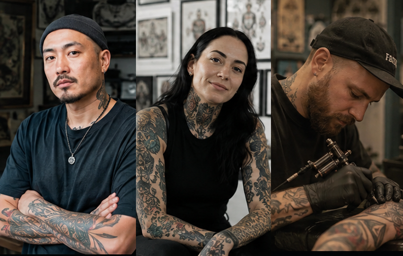 Three tattoo artists in their studios